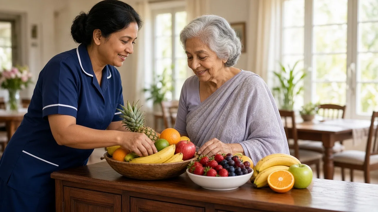 Caregiver and elderly woman choosing fresh fruit together