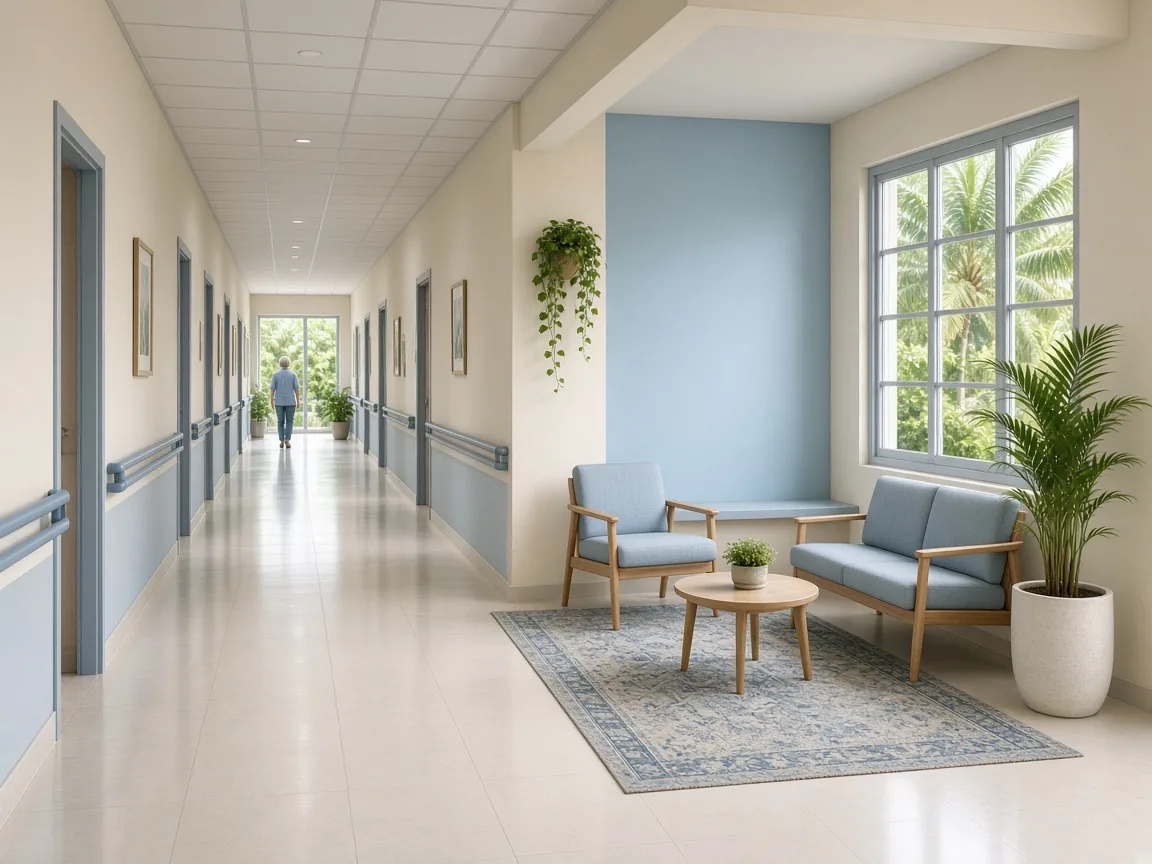 Clean and welcoming care home hallway with natural light