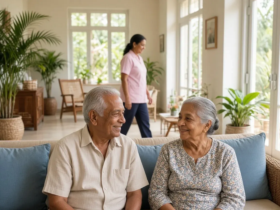 Elderly Sri Lankan residents talking in a bright common lounge