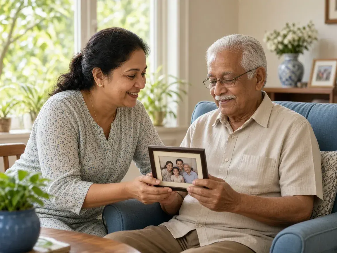 Sri Lankan daughter visiting her elderly father in a calm care setting